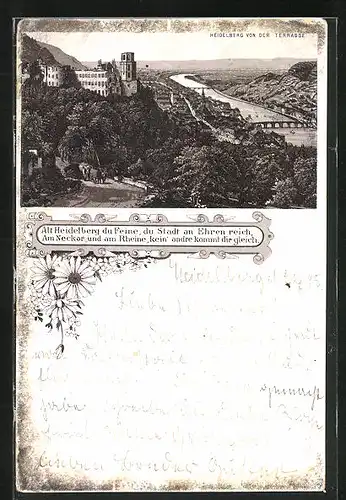 Vorläufer-Lithographie Heidelberg, 1895, Schloss mit Blick auf die Stadt