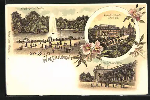 Lithographie Wiesbaden, Kaiserhof und Augusta-Victoria Bad