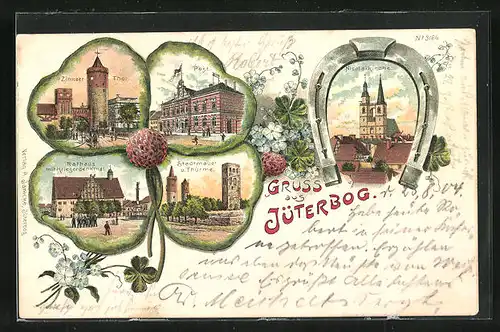 Lithographie Jüterbog, Stadtmauer und Thürme, Post, Zinnaer Thor