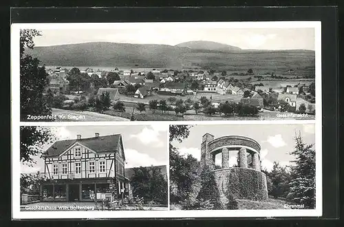 AK Zeppenfeld /Siegen, Geschäftshaus Wilh. Bottenberg, Ehrenmal, Gesamtansicht