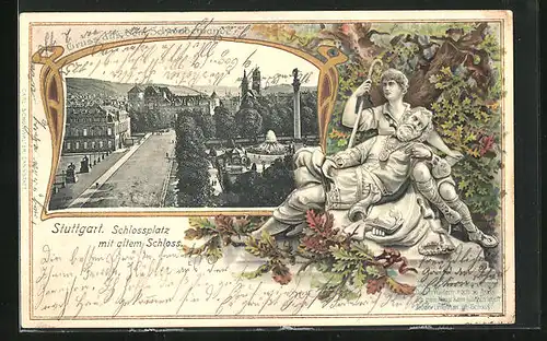 Passepartout-Lithographie Stuttgart, Schlossplatz mit altem Schloss, Fürst ruht im Arm seines Untertan