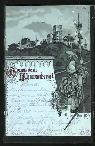 Mondschein-Lithographie Durlach, Gruss vom Thurmbera, Wachsoldat mit Hellebarde