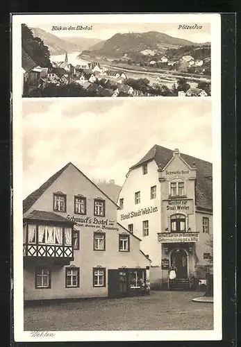 AK Wehlen, Hotel Stadt Wehlen und Schmucks Hotel, Panorama mit Pötzscha und Elbetal