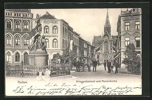 AK Aachen, Hotel-Restaurant mit Marienkirche und Kriegerdenkmal