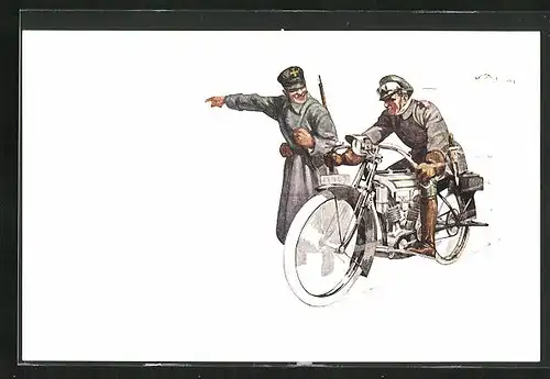 Künstler-AK sign. K. W. Boehmer: Soldat auf einem Motorrad braust an seinem Kameraden vorbei