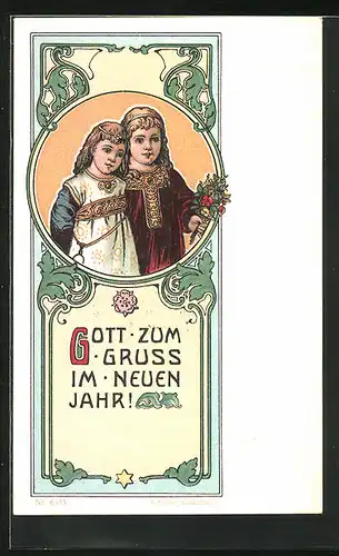 AK Zwei Kinder mit Blumen im Jugendstil, Neujahrsgruss