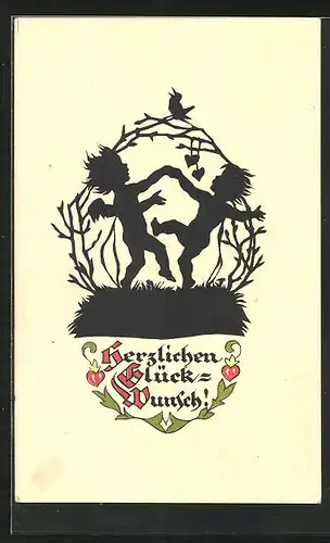 Künstler-AK Georg Plischke: Schattenbild, Kleiner Engel tanzt mit einem Kind, Glückwunsch