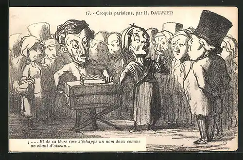 Künstler-AK sign. H. Daumier: Frau singt während Mann den Leierkasten spielt