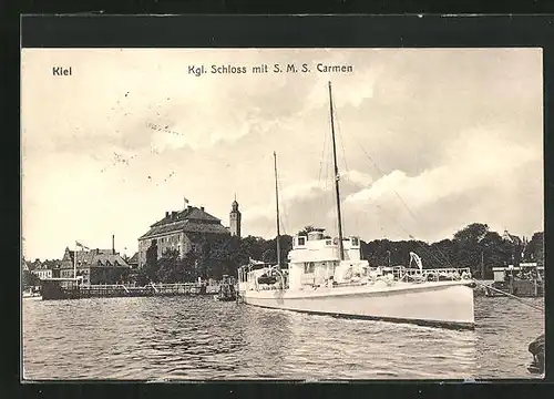 AK Kiel, Kgl. Schloss mit Kriegsschiff S.M.S. Carmen
