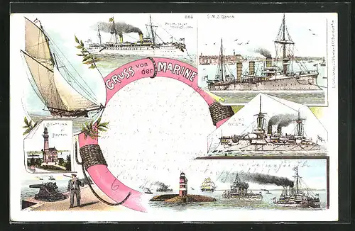 Lithographie Kriegsschiffe S.M.S. Wörth und S.M.S. Gefion des Ostasiengeschwaders beim Verlassen des Hafens