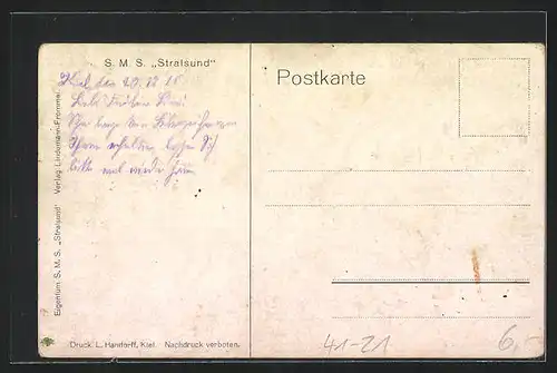 Künstler-AK Kriegsschiff SMS Stralsund