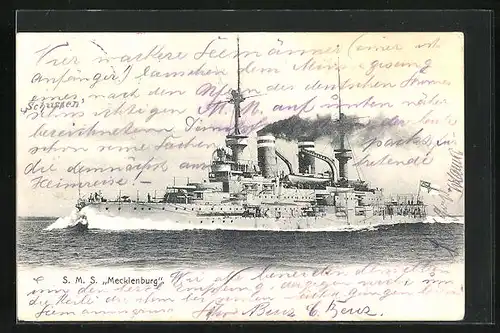 AK Kriegsschiff SMS Mecklenburg bei voller Fahrt, Reichskriegsfahne