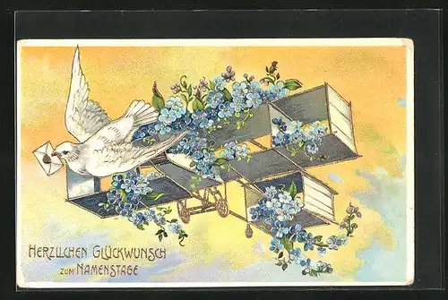 Relief-AK Flugzeug mit Blumen und Brieftaube, Glückwunsch zum Namenstag