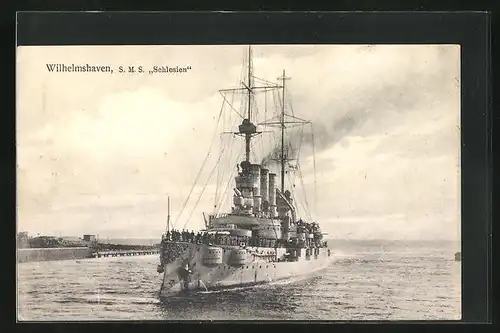 AK Wilhelmshaven, Kriegsschiff S. M. S. Schlesien in Fahrt