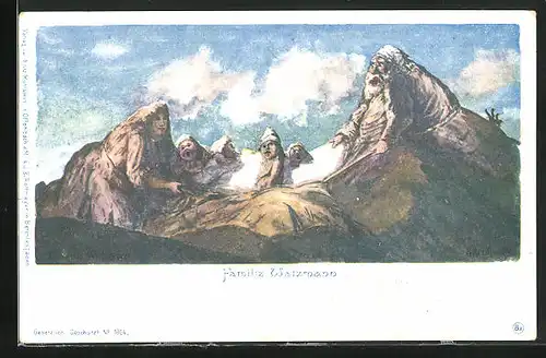 Künstler-AK Rudolf Reschreiter: Familie Watzmann, Berg mit Gesicht / Berggesichter