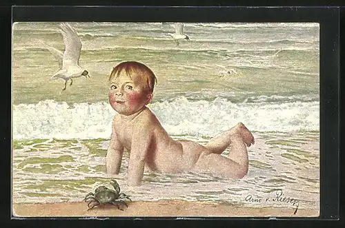 Künstler-AK Arno von Riesen: Strandgut, Nacktes Kind und Krebs