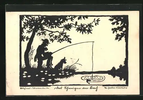 Künstler-AK Marta Sachse-Schubert: Schattenbild, Angler mit Hund