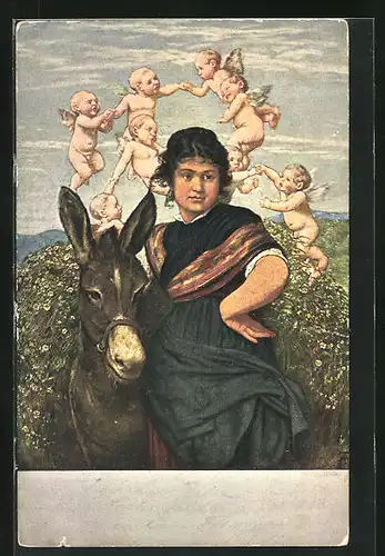 Künstler-AK Hans Thoma: Frau mit Esel auf dem Heimweg mit Engeln