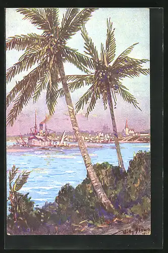 Künstler-AK Willy Stoewer: Daressalam /Deutsch-Ostafrika, Blick durch Palmen auf Küste mit Schiff