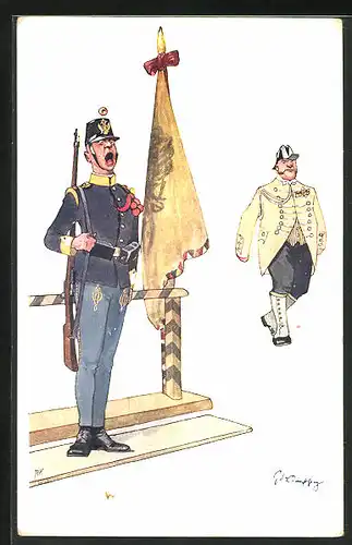 Künstler-AK Fritz Schönpflug: Befehlrufender Soldat mit Gewehr und Fahne