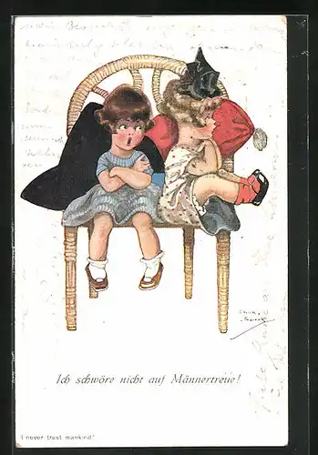 Künstler-AK Chicky Spark: Ich schwöre nicht auf Männertreue, Empörte Mädchen auf Stuhl