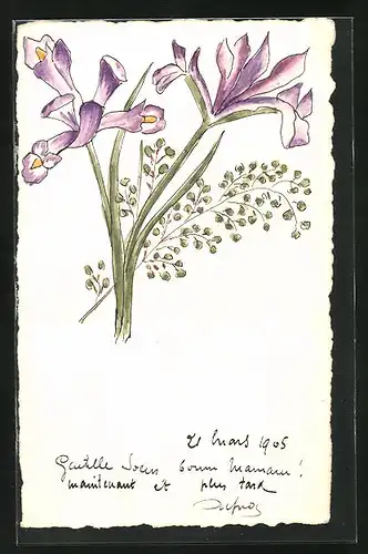 Künstler-AK Handgemalt: Violette Blumen