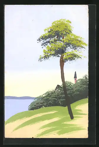 Künstler-AK Handgemalt: Baum am Ufer mit Kirchturm