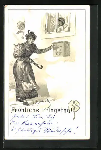 Künstler-AK H. Schubert: Frau am Briefkasten, Engel im Haus, Pfingst-Glückwünsche