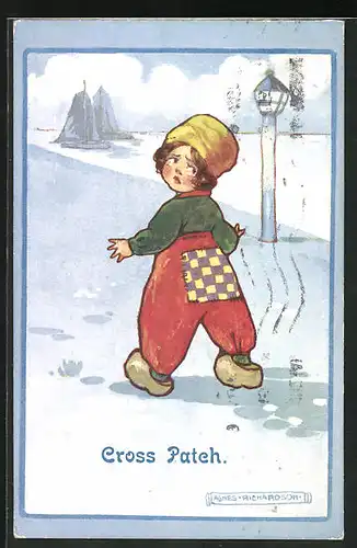 Künstler-AK Agnes Richardson: Cross Patch, Kind mit geflickter Schneehose