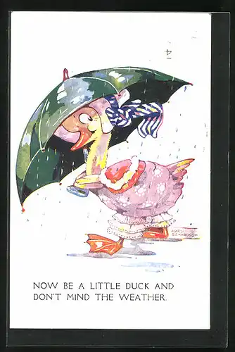 Künstler-AK Agnes Richardson: Eingekleidete Ente mit Regenschirm