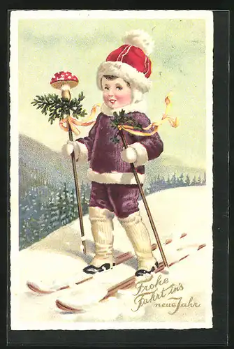 Künstler-AK Neujahrsgruss, Kind auf Skiern mit Glücksbringern