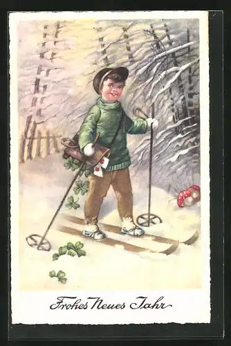 Künstler-AK Neujahrsgruss, Postbötchen auf Skiern