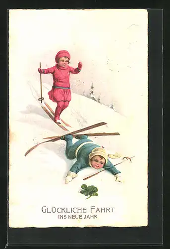 Künstler-AK Neujahrsgruss, Bub ist beim Skifahren gestürzt