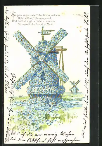 Künstler-AK Blumenbild, Windmühle aus Vergissmeinnicht