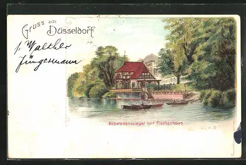 Lithographie Düsseldorf, Schwanenspiegel mit Gasthaus Fischerhaus