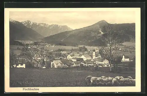 AK Fischbachau, Totalansicht mit Gebirge