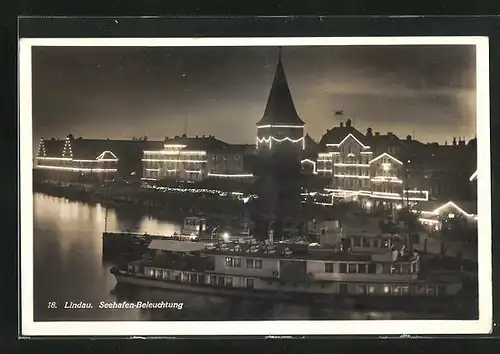 AK Lindau, Seehafen-Beleuchtung bei Nacht
