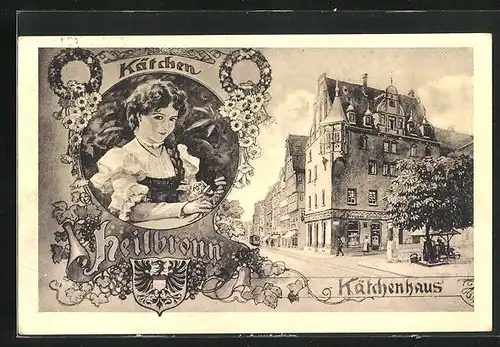 AK Heilbronn, Kätchenhaus mit Kolonialwarenhandlung und Strassenbahn, Portrait von Kätchen