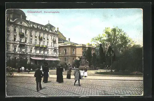 AK Düsseldorf, Corneliusplatz mit Denkmal