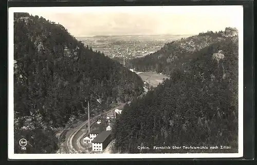 AK Oybin, Fernblick über Teufelsmühle nach Zittau