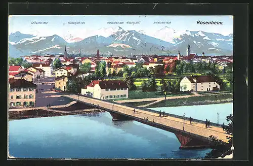 AK Rosenheim, Teilansicht mit Brücke & Bergpanorama mit Wendelstein, Miesing und Breitenstein