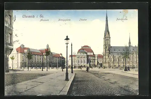 AK Chemnitz i. Sa., Königsplatz mit Museum, Theater und Petrikirche