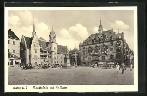 AK Halle a. S., Marktplatz mit Rathaus und Denkmal