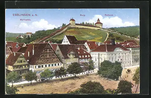 AK Esslingen a. N., Marktplatz mit Geschäften, Burg und Rathaus