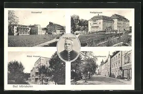AK Bad Wörishofen, Hotel Kreuzer, Sonnenhof, Sebastianeum, Portrait Kneipp