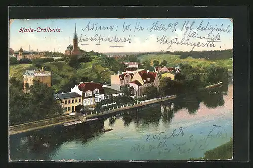 AK Halle-Cröllwitz, Flusspartie mit Kirche