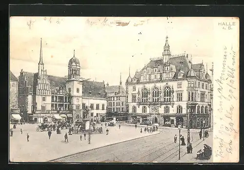 AK Halle a. S., Marktplatz mit Denkmal