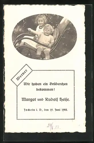 AK Jocketa, Wir haben ein Brüderchen bekommen! Margot und Rudolf Heise 1922