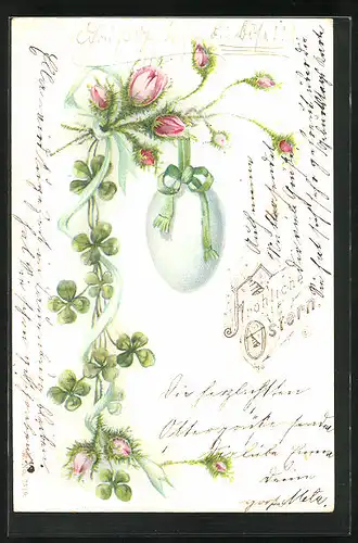 AK Osterei mit Blumen und Kleeblättern, Ostergruss