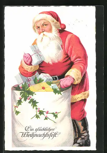 AK Weihnachtsmann mit Geschenkesack, Weihnachtsgruss